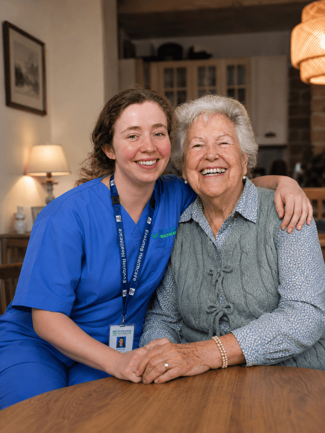 Nurse sharing a warm, reassuring embrace with an elderly resident